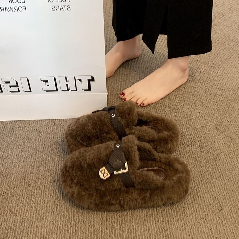 Lamb wool design belt buckle fluffy shoes for women, autumn and winter thick-soled outdoor wear, 2025 new style lazy plush cotton slippers