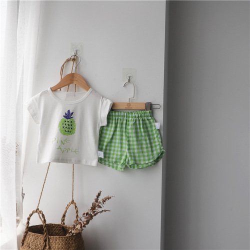 2024 Korean children's clothing summer boys and girls children's short-sleeved shorts suit fruit T-shirt plaid shorts suit