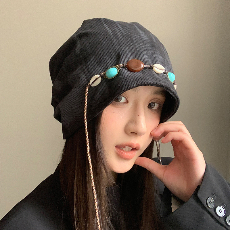 黑色堆堆帽女秋冬季新款大头围显脸小包头帽时尚百搭针织套头帽子|undefined
