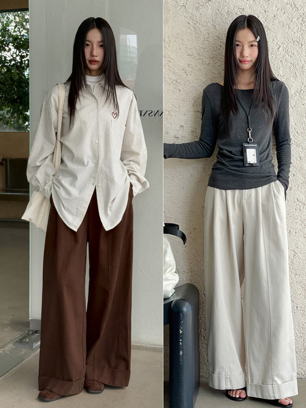 【歌铭】设计感纯色折边直筒休闲裤女装秋季韩系通勤阔腿裤N463C|undefined
