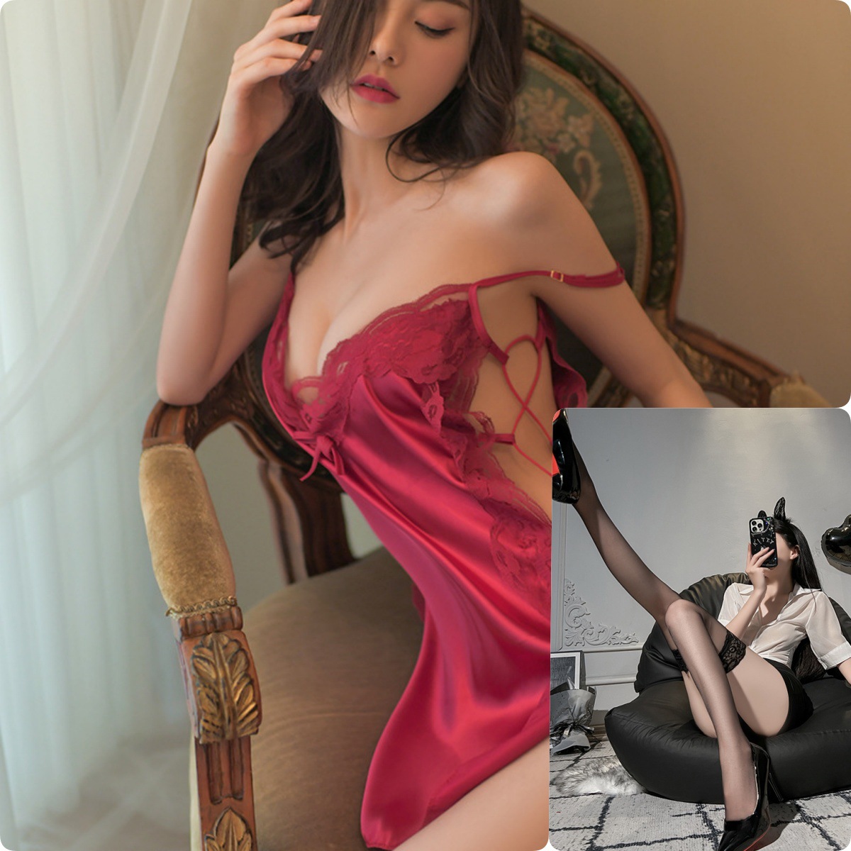 버건디[잠옷+속옷]+블랙스타킹