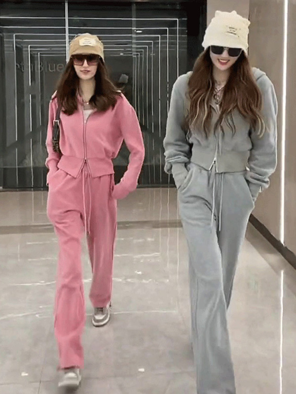 【大量现货】原版拉链运动服网红时尚两件套装女灰色卫衣休闲长裤|undefined