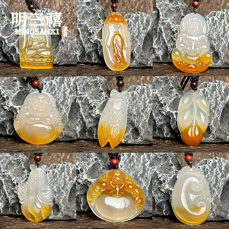 玛瑙玉髓平安扣吊坠树叶观音佛公挂件项链俏色福豆玉髓直播货源