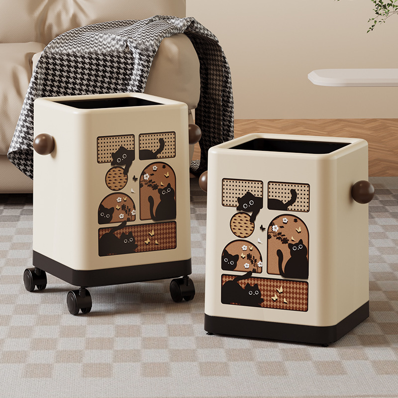 Medieval Style Cat Trash Can Household Large-Capacity Square Open Cute High-Looking Bathroom Paper Basket with Pulleys