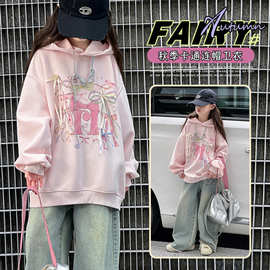 女童蝴蝶结连帽卫衣春秋2025新款中大童卡通甜美休闲宽松韩版外穿
