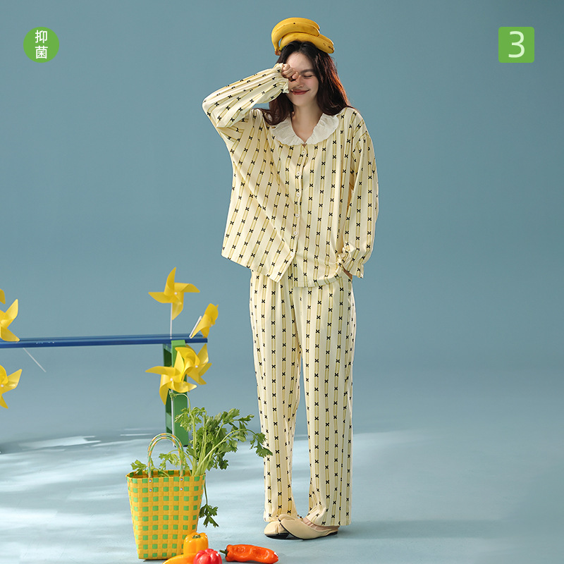 [Antibacterial Cotton] Autumn Pure Cotton Type a Long-Sleeved Pajamas for Women Lace Doll Collar Home Wear Set