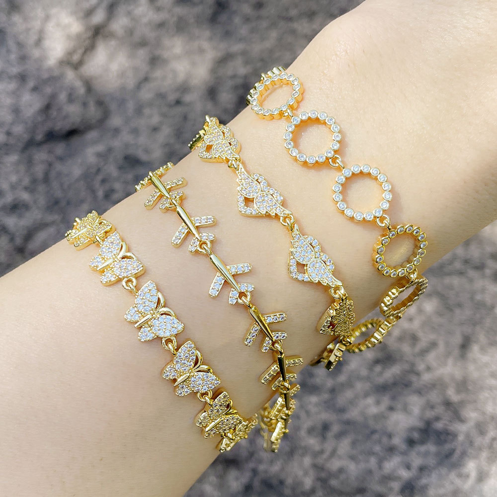 15g Weight 18K Gold Plated Plating Material Artificial Gemstones Inlay Material Fashion Diamond Butterfly Heart Women's Circle Zircon Copper Bracelet