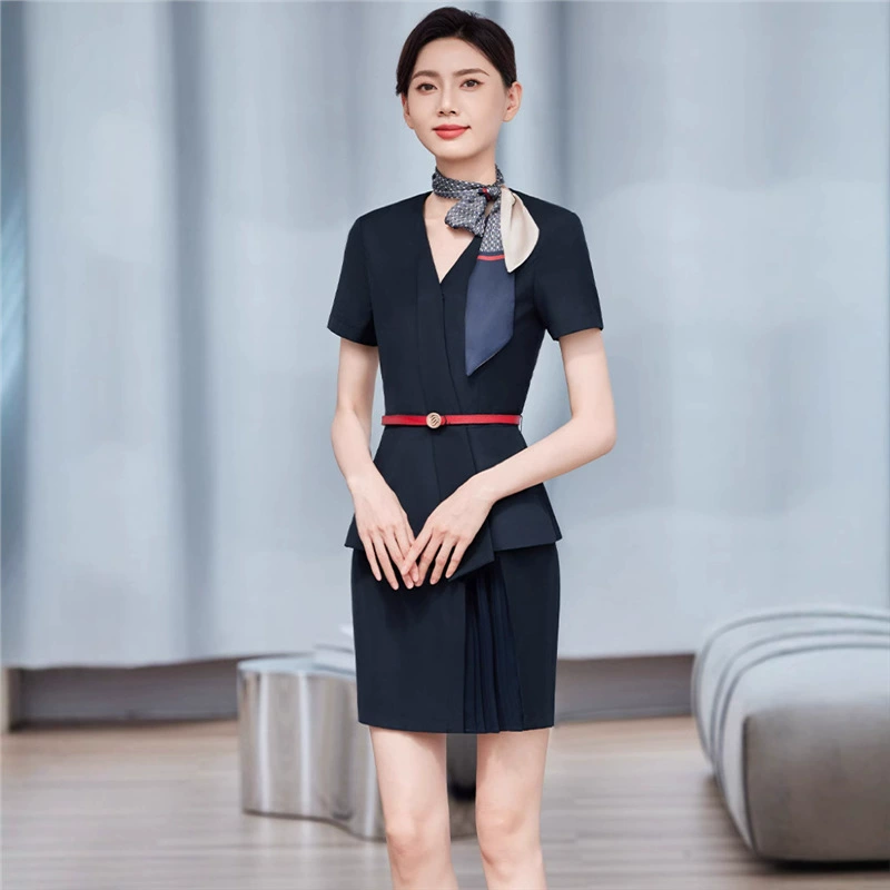 Оптовая цена бесплатная доставка стюардесса профессиональная летняя куртка с короткими рукавами V-образным вырезом женская рубашка брюки юбка из двух частей комплект для продажи