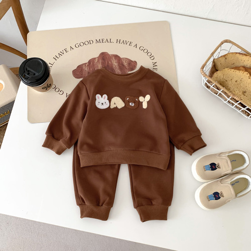 Baby's cute teddy bear letter unisex casual set, two-piece long sleeve t-shirt and pants from Korea