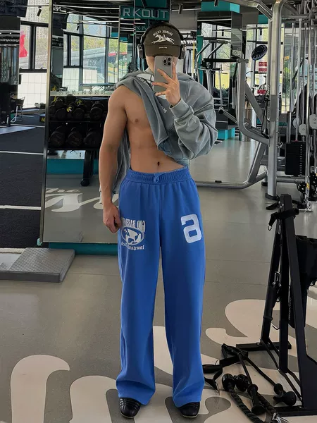 American-Style Letter Embroidery Sports Sweatpants for Men, Heavyweight Drapey Fitness Training Pants, Casual Straight Wide-Leg Long Pants