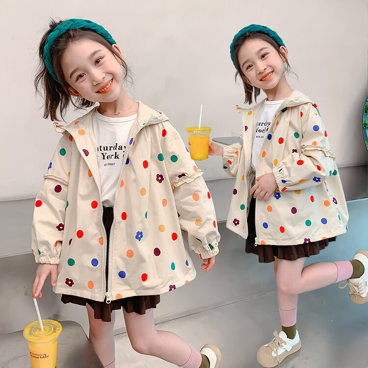소녀 웨이브 닷 후드 재킷 2025 봄 새로운 재킷 한국 유행 유행 유행 유행 윈드 브레이커 사이버 기념 어린이 코트 트렌디