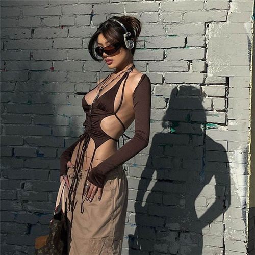 European and American cross-border 2024 summer fashion trend women's clothes new long-sleeved neck-back strap slim solid color T-shirt