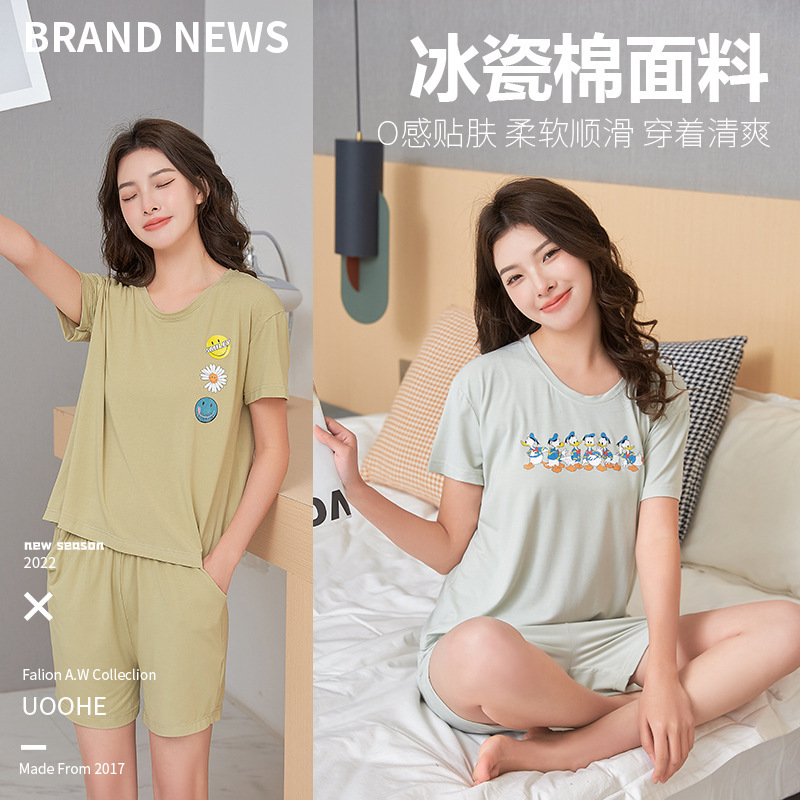 Summer cool thin women's ice porcelain cotton pajamas homewear casual loose short sleeve suit Korean style outerwear