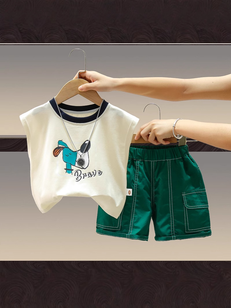 7922 traje de chaleco de verano para niños 2025 nuevo estilo ropa de dibujos animados para niños chaleco sin mangas de dos piezas de moda