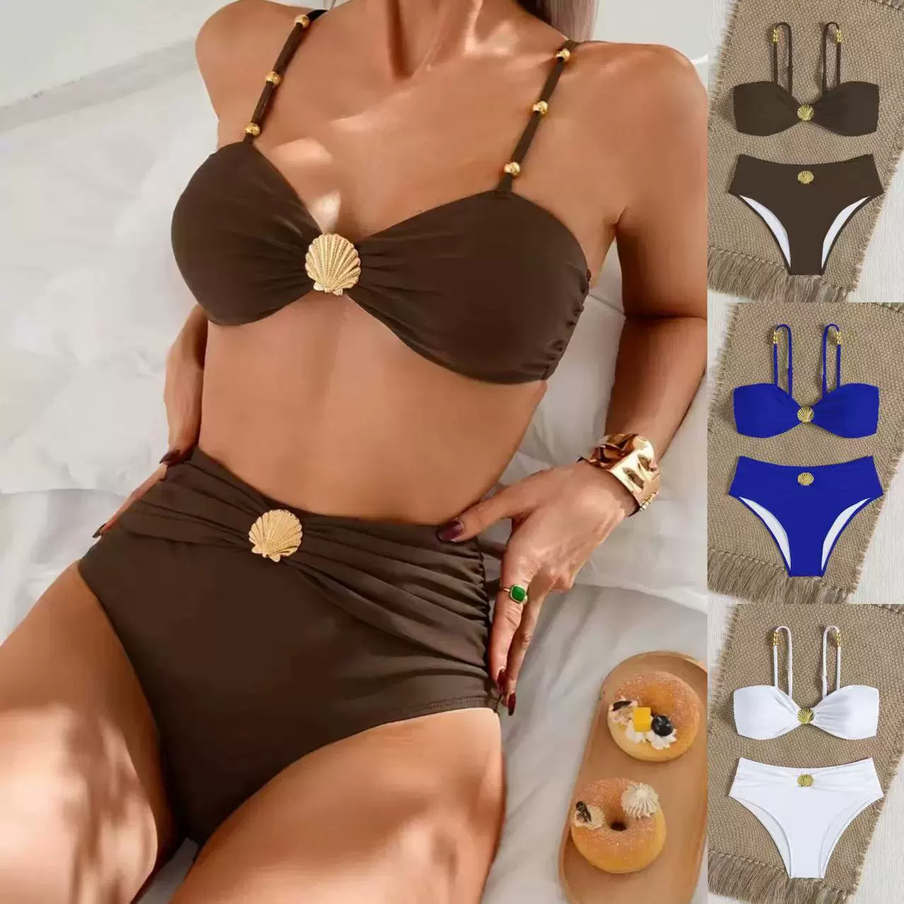 Однотонный бикини с высокой талией 2025 новый раздельный купальник женский бикини с рюшами для экспорта купальники