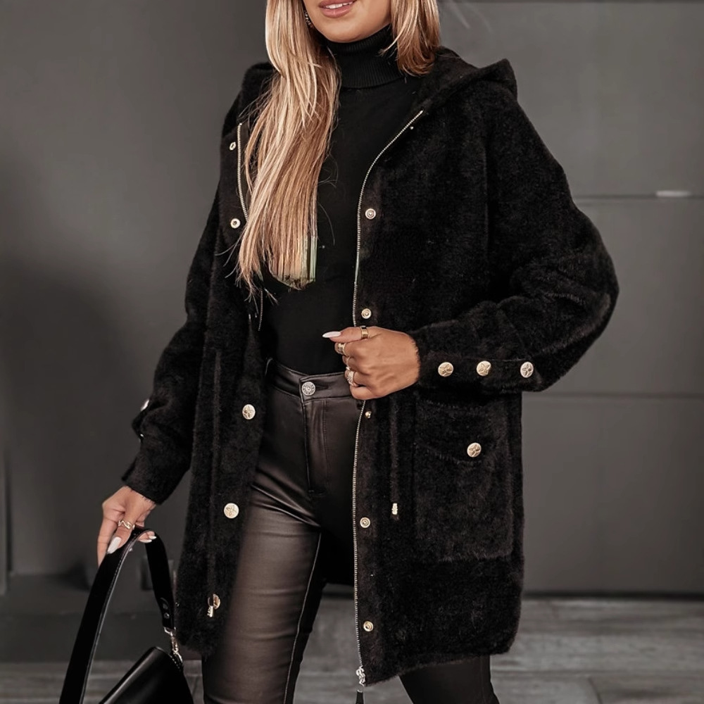 Women's Clothing Fashion Drawstring Belt Metal Buckle Zipper Hooded Woolen Coat_voghion.com