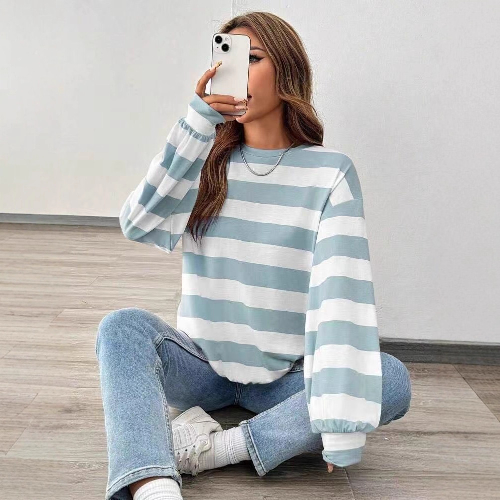 's New Cross-border Loose Striped Long-sleeve T-shirt For Women, Korean Style Versatile Top_ecoleips.com