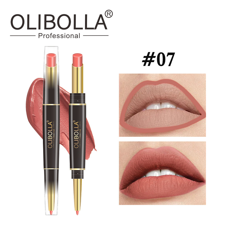 OLIBOLLA lápiz labial de doble cabeza delineador de labios 24 colores perlado color impermeable lápiz labial giratorio exclusivo transfronterizo