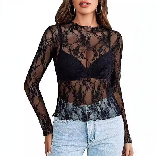 2025 New Lace Women's Tops Long Sleeve Business Collar Transparent Shirt See through Floral Lace Tops