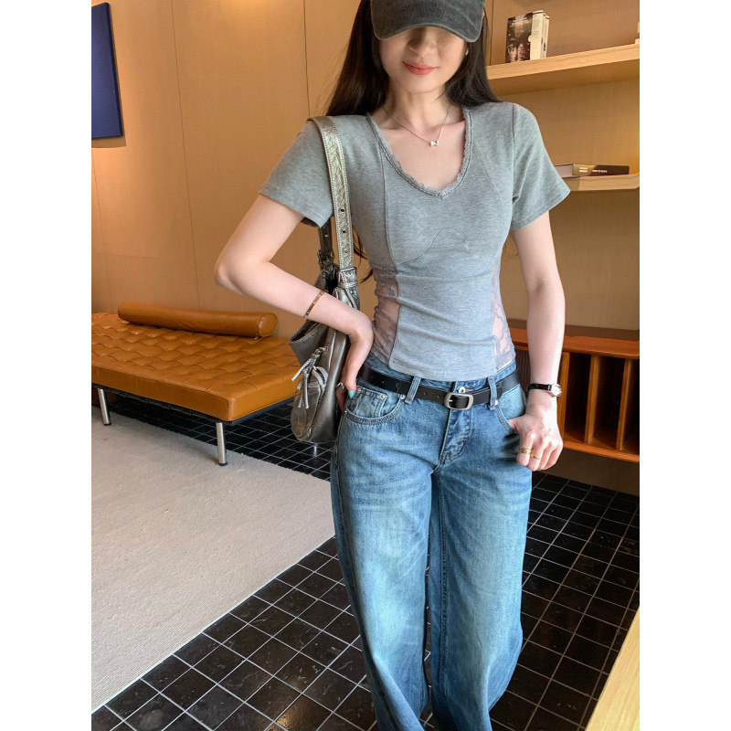 Brand Discount Gray Lace Patchwork V-Neck Short-Sleeve T-Shirt for Women, Summer 2026 New Model, Unique and Beautiful, Very Attractive Top