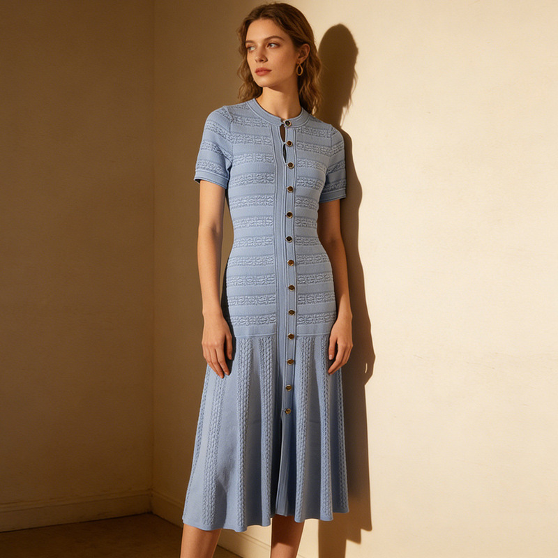 Cross-border European and American summer new knitted dress, French-style elegant and fashionable slim-fit short-sleeve long dress