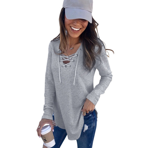 Autumn/Winter Western Pure Color V-Neck Strap Loose T-Shirt Fashion