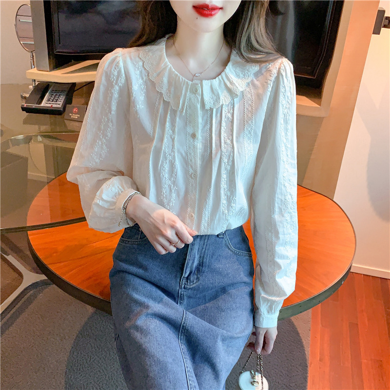 2025秋季新款内搭娃娃领长袖设计感显瘦甜美衬衫女打底上衣杏色|undefined