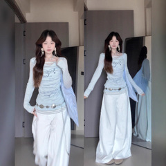韩系字母印花假两件荡领长袖t恤女早秋季单穿巨好看宽松罩衫上衣