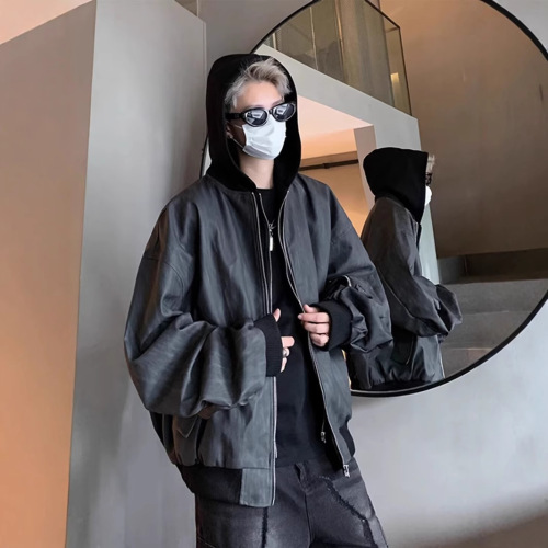 European and American hip-hop faux two-piece jacket men's spring/autumn trendy brand edgy hooded baseball uniform bomber jacket leather jacket