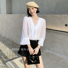 秀熙熙2025秋季白标韩版蕾丝V领雪纺气质长袖衬衫女职业上衣89575