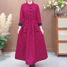 立领盘扣加绒加厚一体绒冬季半高领长袖连衣裙女法式保暖国风长裙