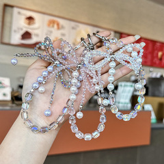 Douyin リボンクリスタルカラー手作りビーズキーチェーンハイエンド女の子手首紛失防止携帯電話吊りチェーン