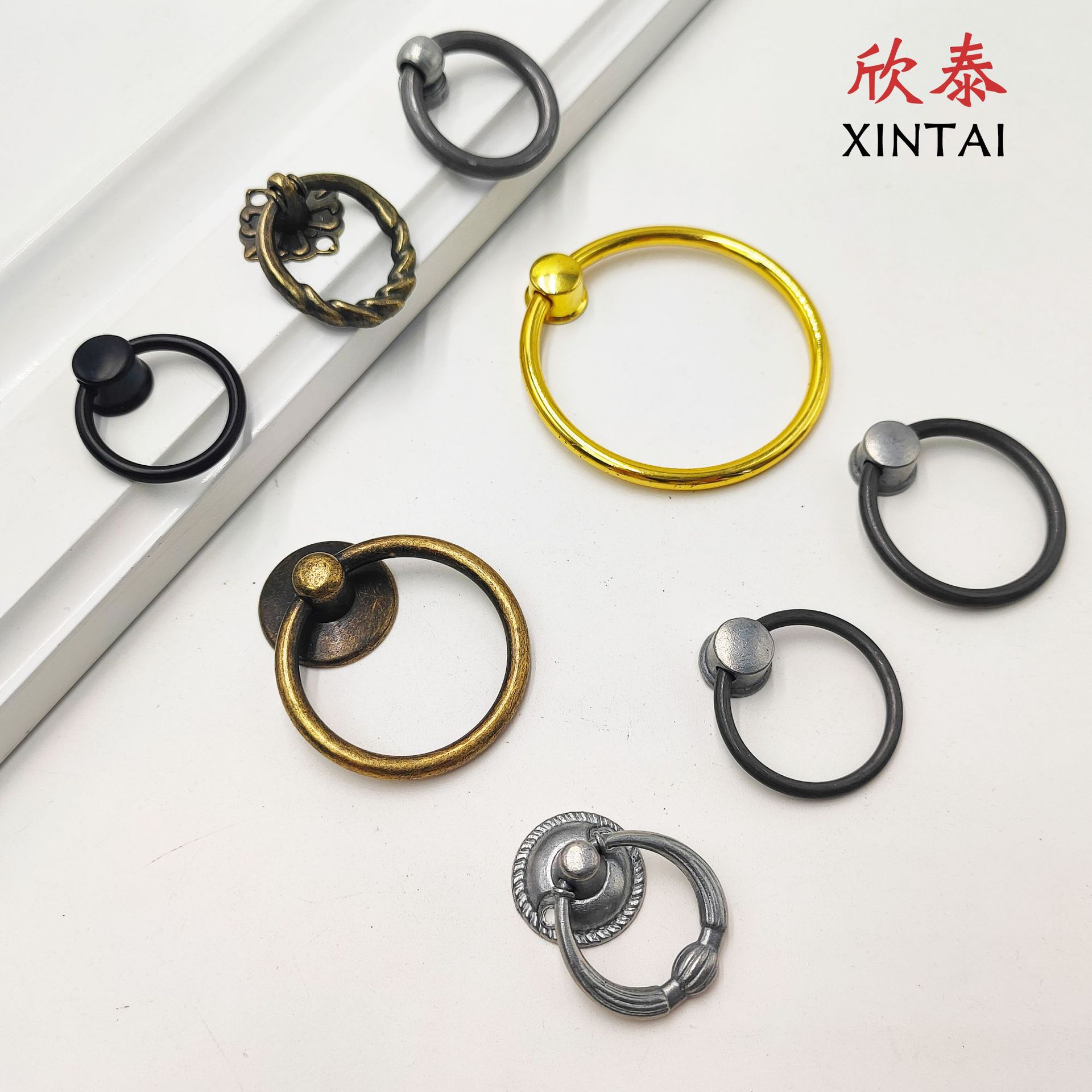 Retro circle handle round antique simple gold hand single hole pull ring new Chinese style cabinet bedside table door handle