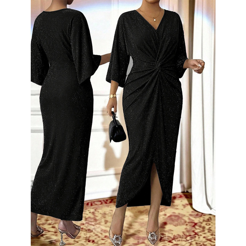 European and American plus-size black sequined V-neck twisted dress with bat sleeves, pleated slit, slim fit, bodycon party dress European and American plus-size black sequined V-neck twisted dress with bat sleeves, pleated slit, slim fit, bodycon party dress