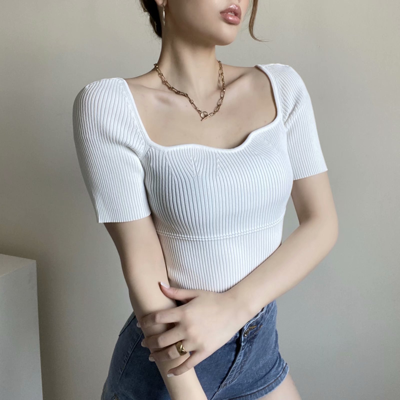 Splicing U-neck knit tee NSAM49682