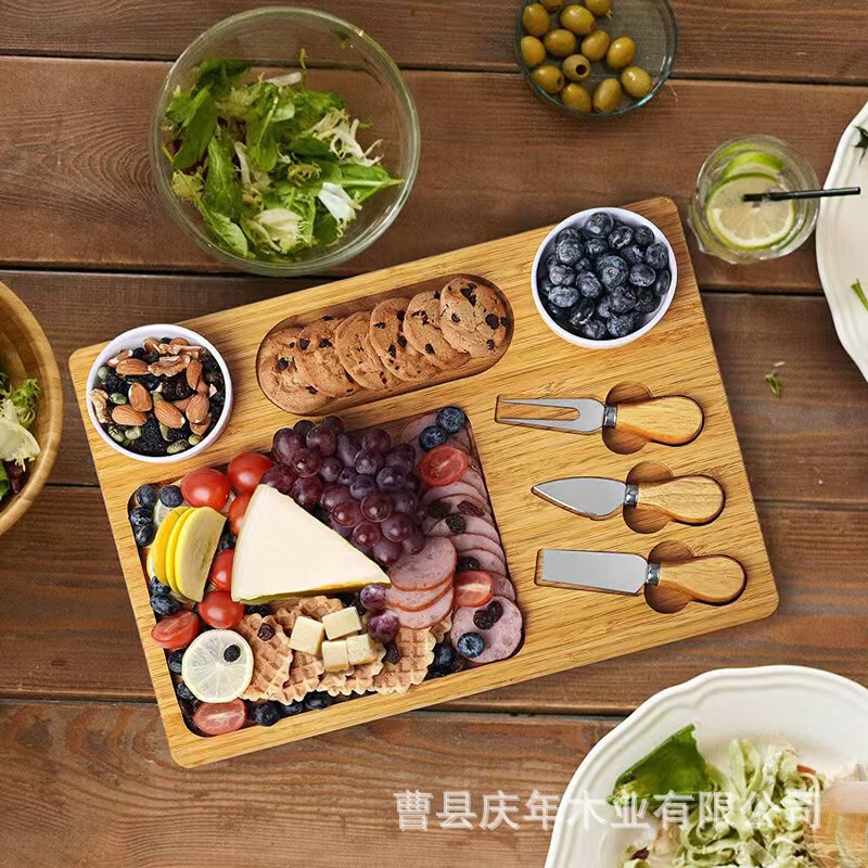 Wooden Cheese Board Set for Home Use, Ambiance-Enhancing Cheese and Fruit Platter with Knife and Fork, Outdoor Picnic Party Decoration Plate