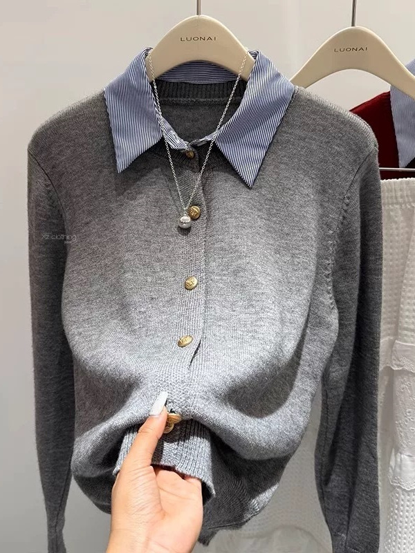 女性用フェイクツーピースニットカーディガン、韓国風春秋新デザイン、コントラストカラーセータージャケット、万能トップトレンド|undefined