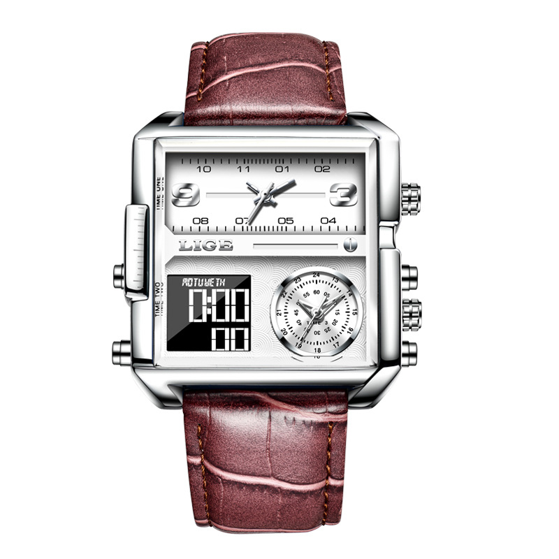 Lige 8925 nuevo cinturón cuadrado doble pantalla personalidad creativa electrónica cuarzo reloj de los hombres frescos