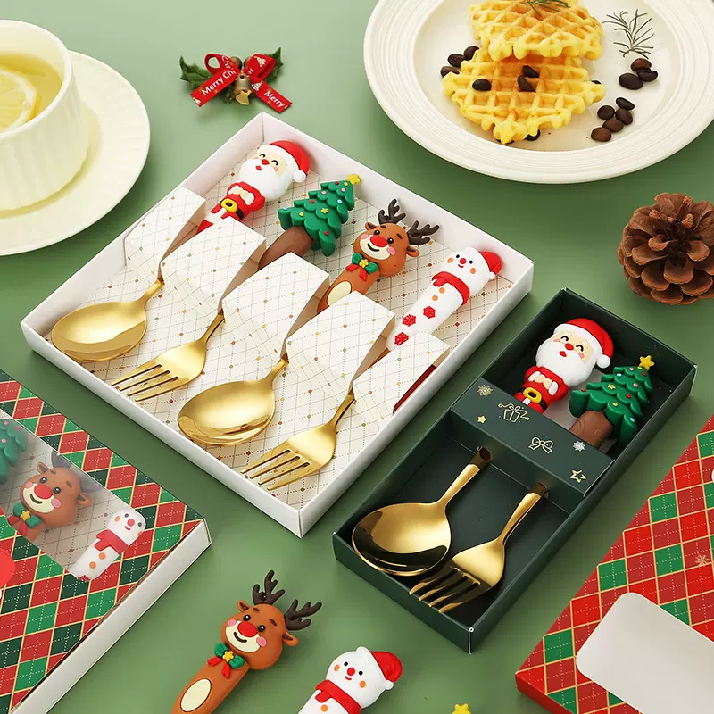 跨境圣诞节餐具套装不锈钢圣诞勺子卡通圣诞老人甜品勺叉节日礼盒
