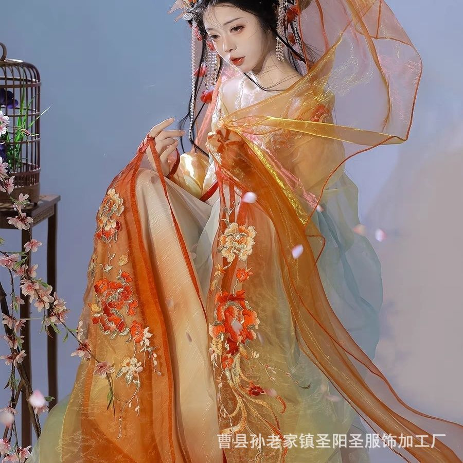 新款原创汉服河清海晏重工渐变刺绣印花改良诃子裙大袖汉元素绣花