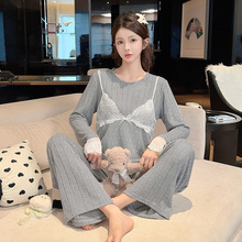 喔密哒秋季新款高级感睡衣女羊绒棉假两件长袖轻奢家居服外穿套装