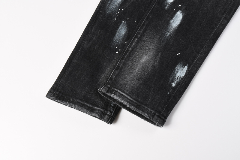Men's Distressed Slim Fit Jeans Black Grey Washed Denim Pants with Paint Splatter And Knee Rips Streetwear Skinny Trousers_mkmklike.com