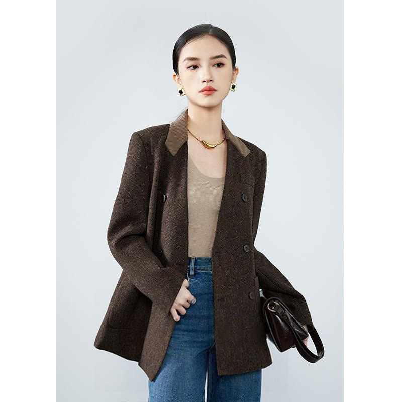 复古羊毛呢v领长袖撞色小西装女2025秋季新款高级感显瘦西服外套|undefined