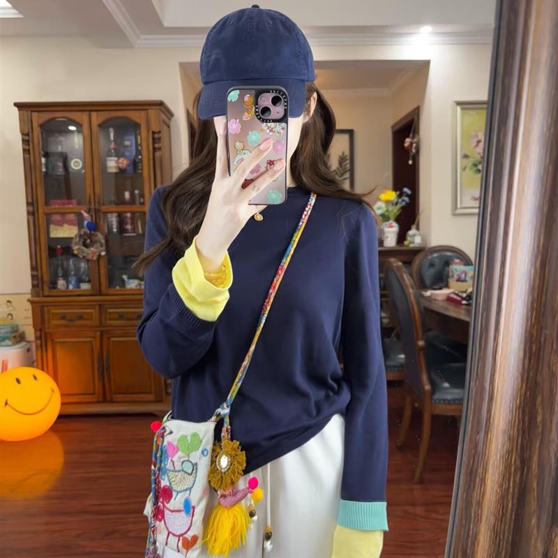 笑脸衣橱天丝羊毛混纺撞色长袖t恤女2025秋季新款圆领上衣|undefined