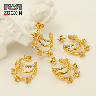 Cross-border European and American 18K stainless steel multi-layer C-shaped micro-paved zircon earrings titanium steel French high-end earrings for women