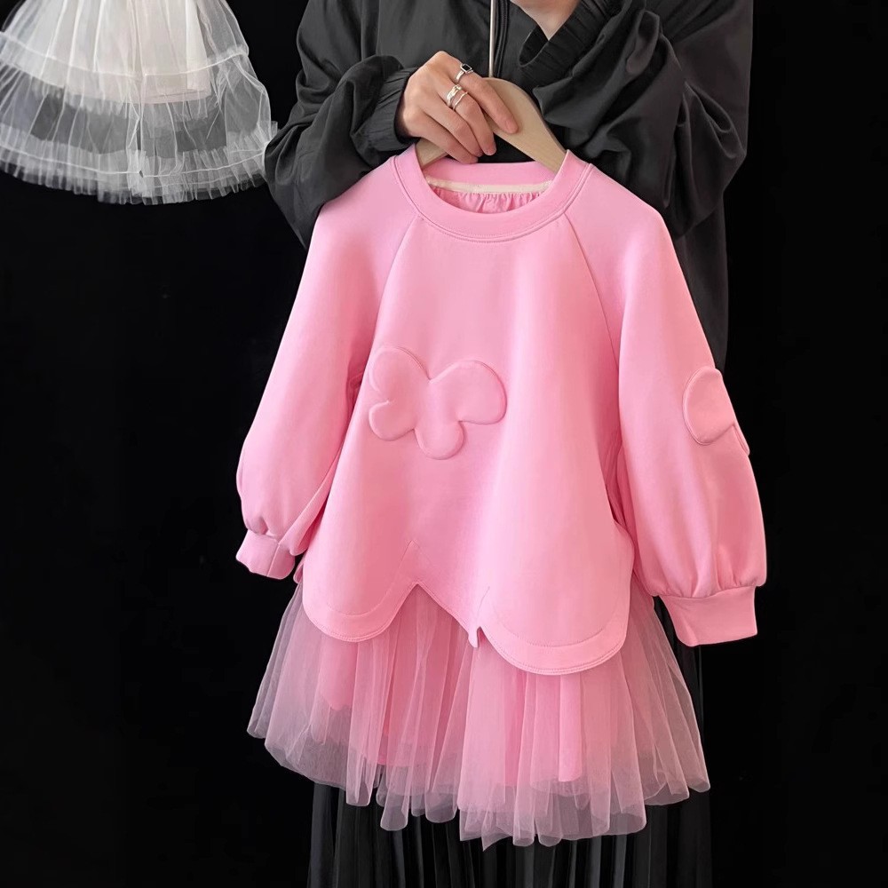 Vestido de niña 2025 primavera nuevo estilo para niños estilo francés diseño dulce sentido malla costura suéter falda vestido de princesa