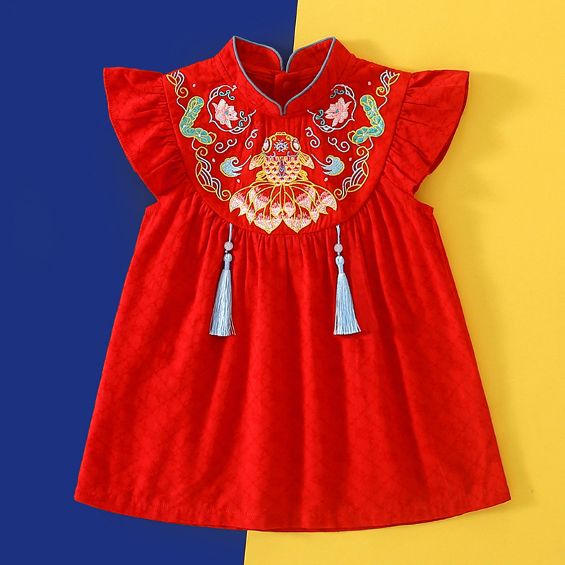 Summer New Girls' Short-sleeved Dress National Trendy Thin Breathable Chinese Style Baby Girls' Skirt Performance Clothing 6269