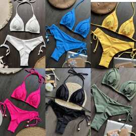 2025跨境新款bikini性感欧美比基尼纯色跨境分体女士泳装游泳衣女