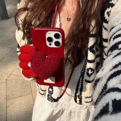 新年款毛絨酒紅愛心支架iPhone12掛繩15ProMax適用蘋果14手機殼13