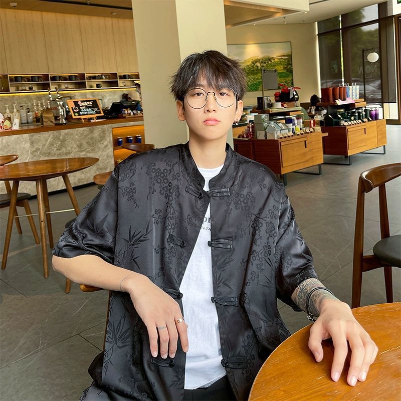 New Chinese Shirt with Buckle for Men Short-sleeved Summer Thin Fashionable Brand Half-sleeved Shirt National Fashionable Loose Casual Jacket